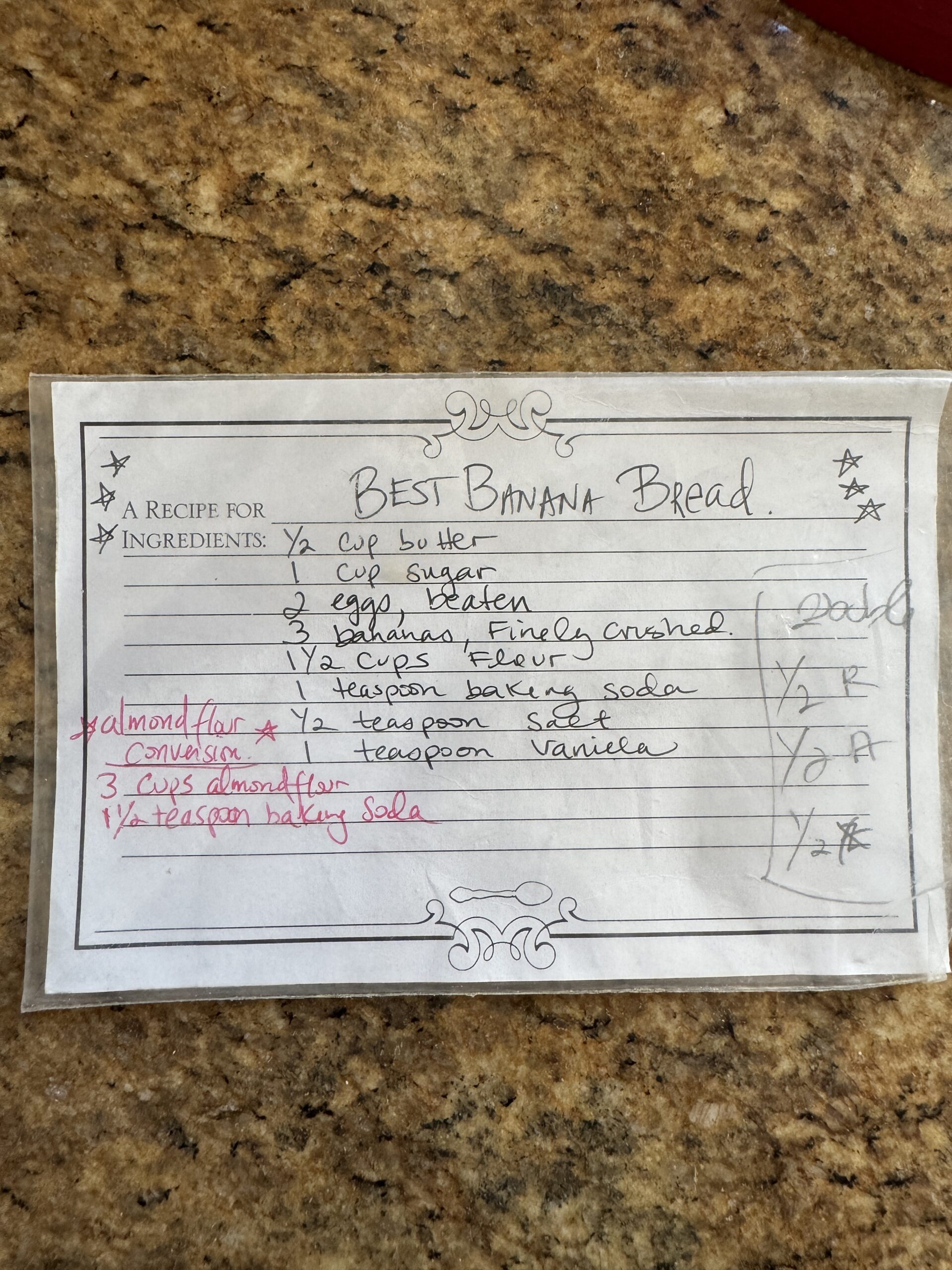 Lisa’s original handwritten Best Banana Bread recipe card