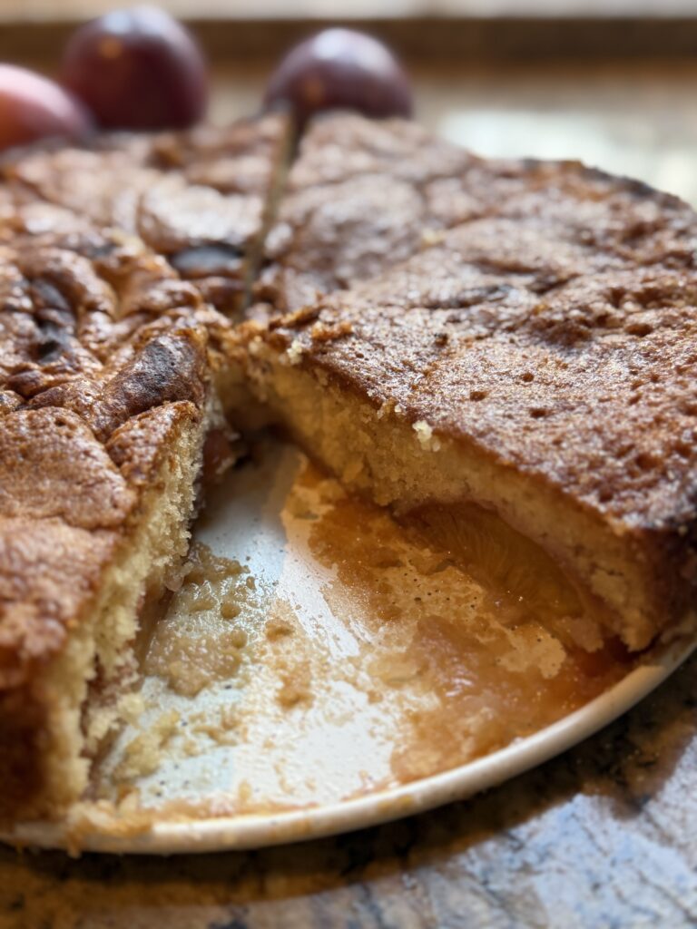 Close-up of the tender gluten-free crumb and jammy plums