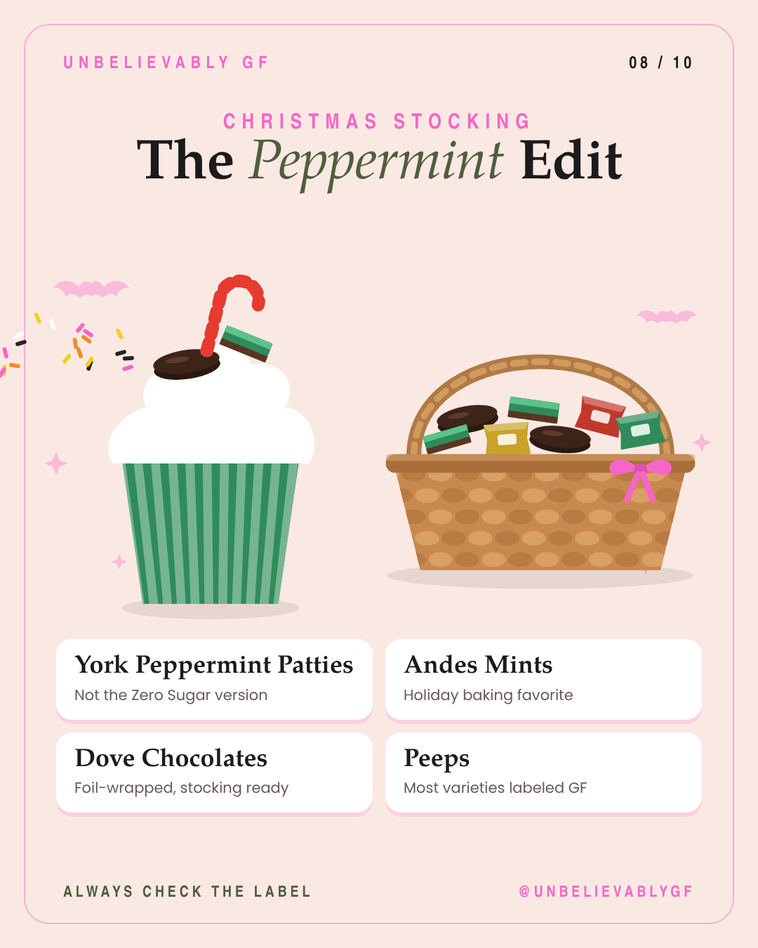 Gluten-free York Peppermint Patties, Andes Mints, Dove chocolates and Peeps
