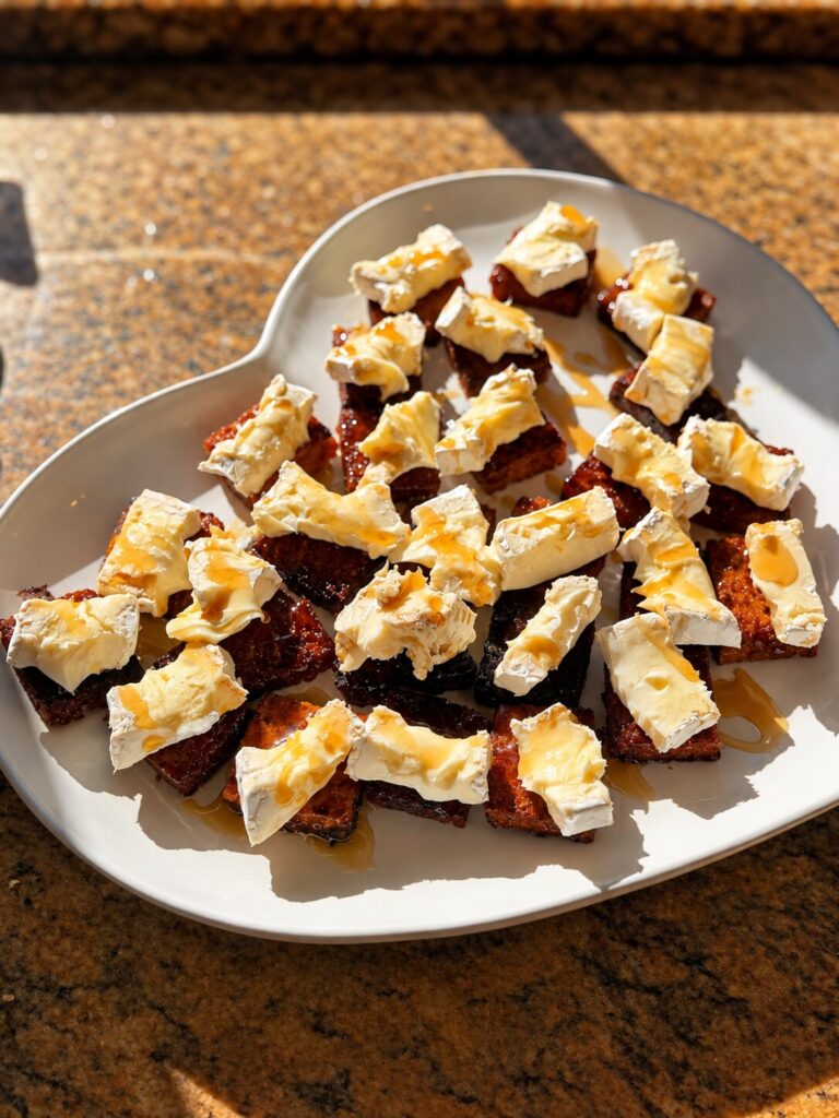 Platter of gluten-free maple butter brie bites drizzled with maple syrup